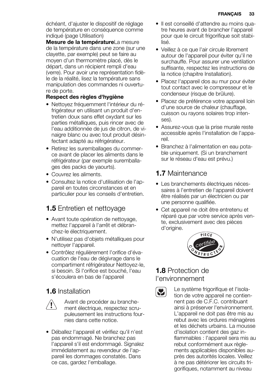 5 entretien et nettoyage, 6 installation, 7 maintenance | 8 protection de l'environnement | Electrolux ERN1501AOW User Manual | Page 33 / 72