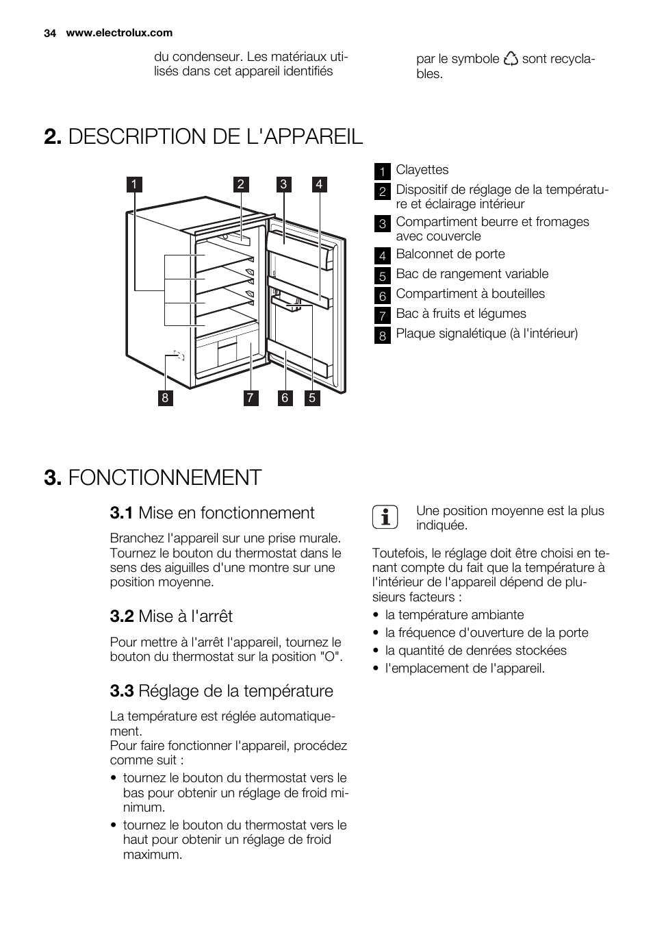 Description de l'appareil, Fonctionnement, 1 mise en fonctionnement | 2 mise à l'arrêt, 3 réglage de la température | Electrolux ERN1501AOW User Manual | Page 34 / 72