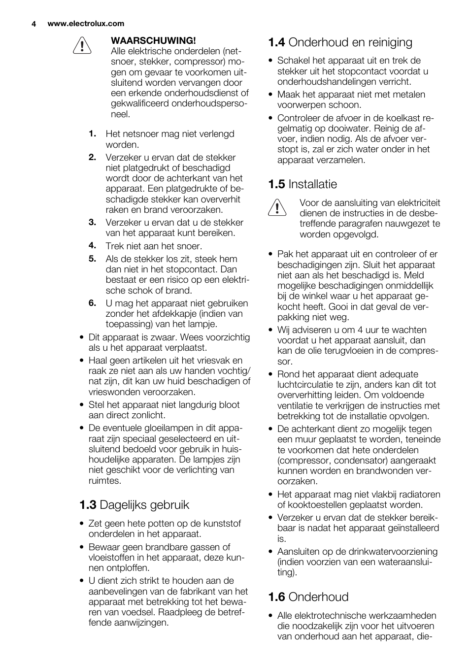 3 dagelijks gebruik, 4 onderhoud en reiniging, 5 installatie | 6 onderhoud | Electrolux ERN1501AOW User Manual | Page 4 / 72