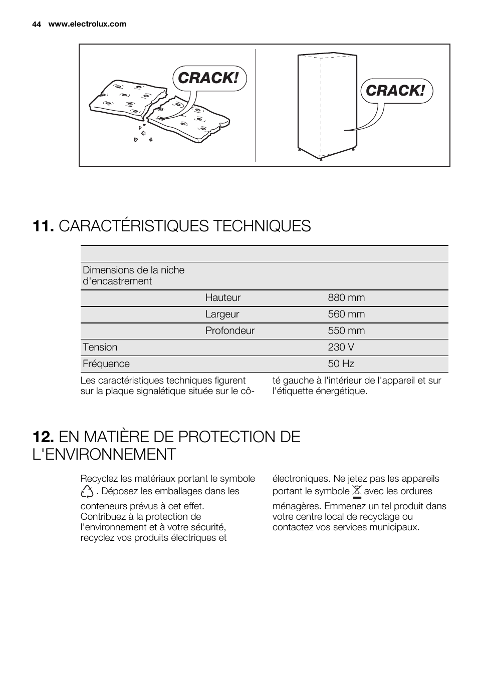 Caractéristiques techniques, En matière de protection de l'environnement, Crack | Electrolux ERN1501AOW User Manual | Page 44 / 72