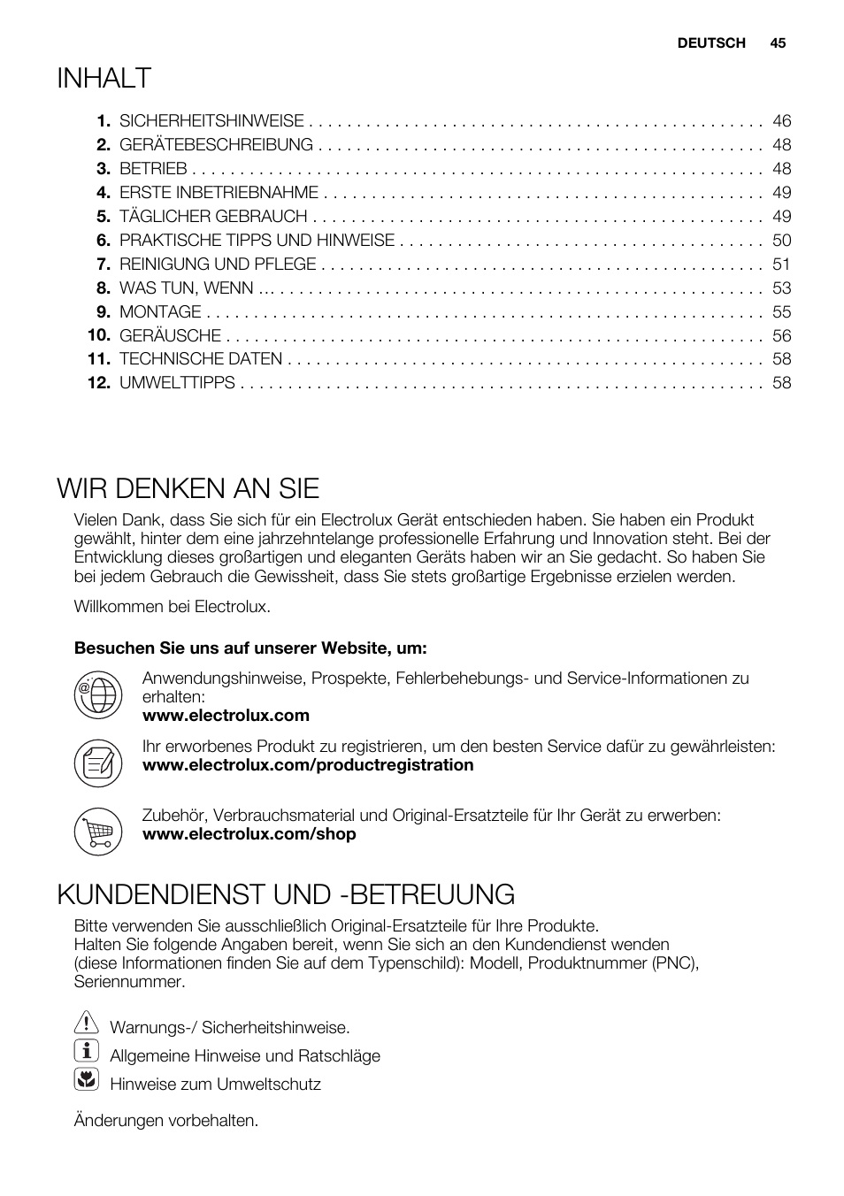 Inhalt, Wir denken an sie, Kundendienst und -betreuung | Electrolux ERN1501AOW User Manual | Page 45 / 72