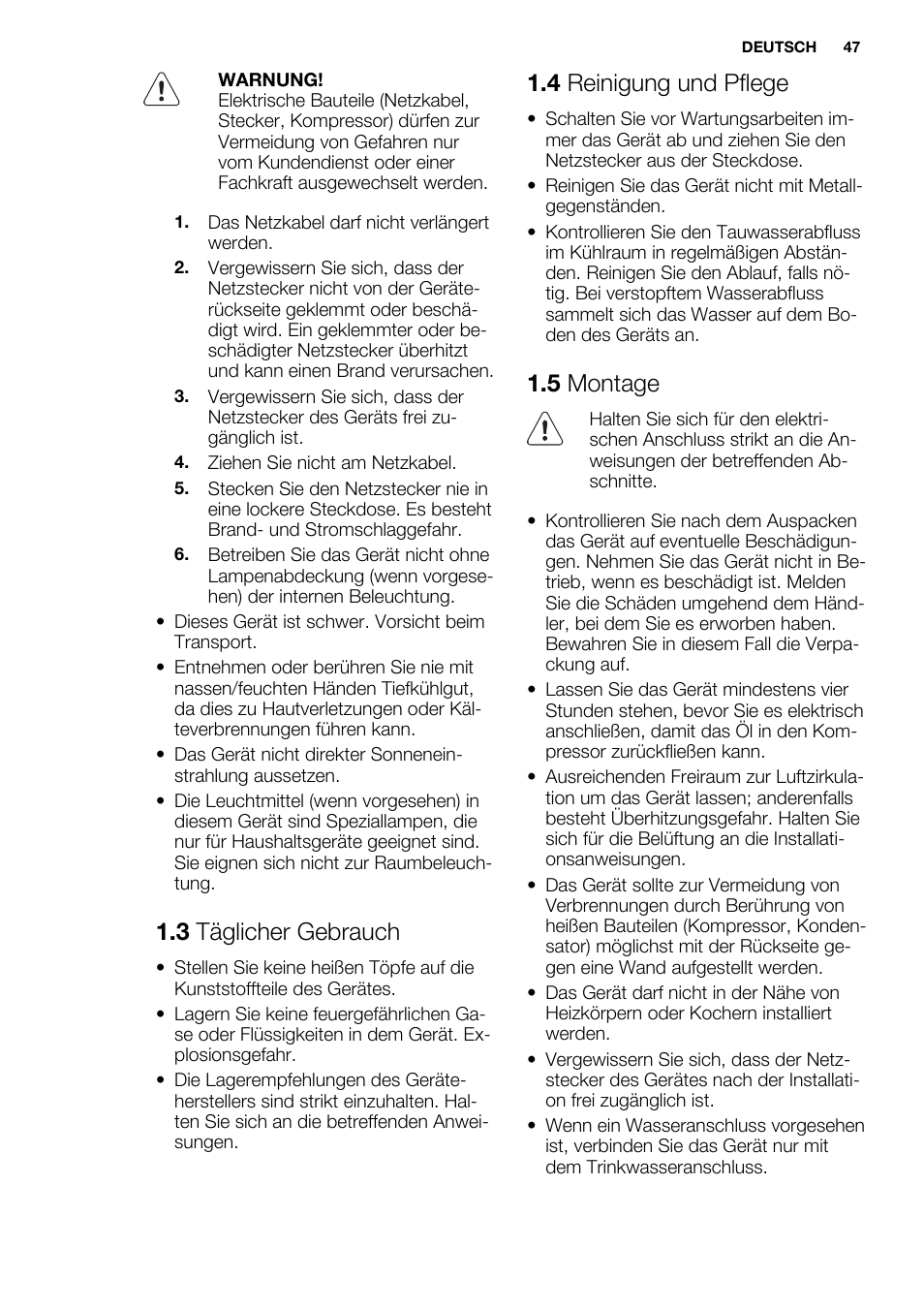 3 täglicher gebrauch, 4 reinigung und pflege, 5 montage | Electrolux ERN1501AOW User Manual | Page 47 / 72