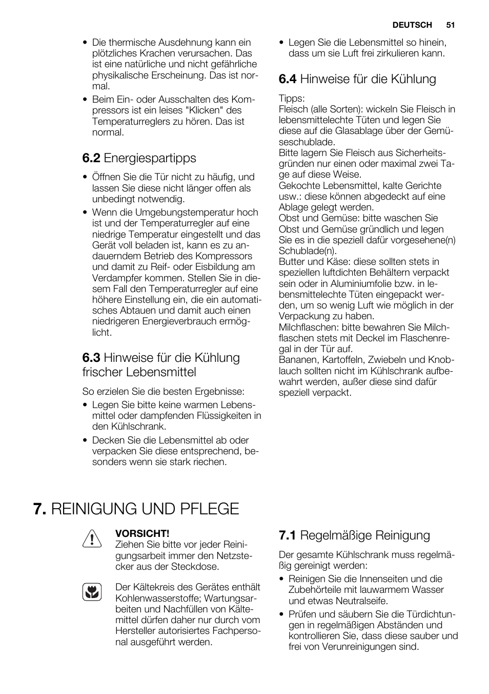 Reinigung und pflege, 2 energiespartipps, 3 hinweise für die kühlung frischer lebensmittel | 4 hinweise für die kühlung, 1 regelmäßige reinigung | Electrolux ERN1501AOW User Manual | Page 51 / 72