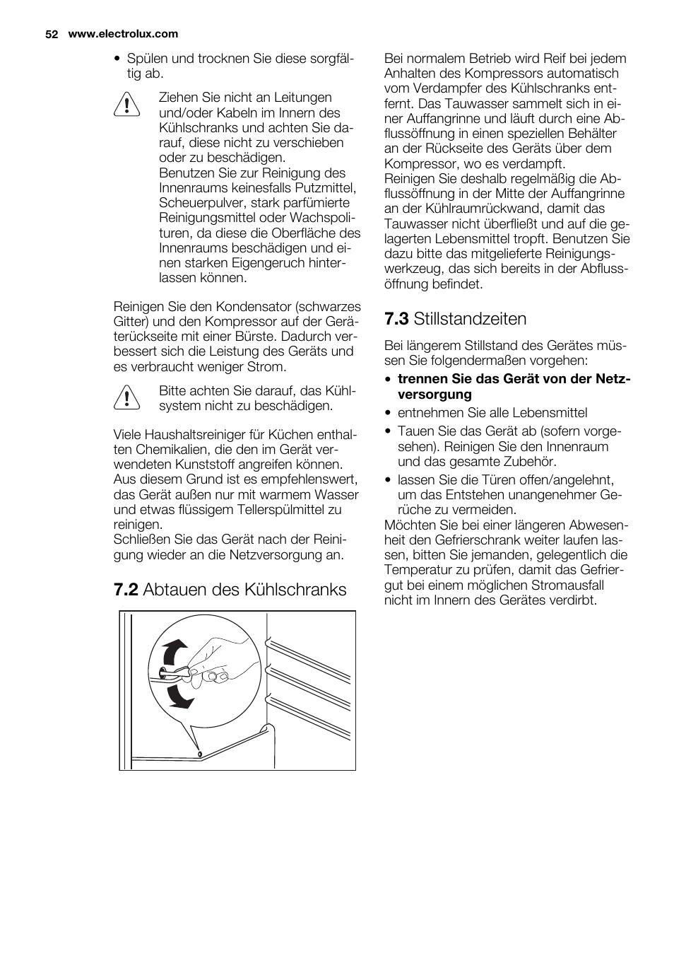 2 abtauen des kühlschranks, 3 stillstandzeiten | Electrolux ERN1501AOW User Manual | Page 52 / 72