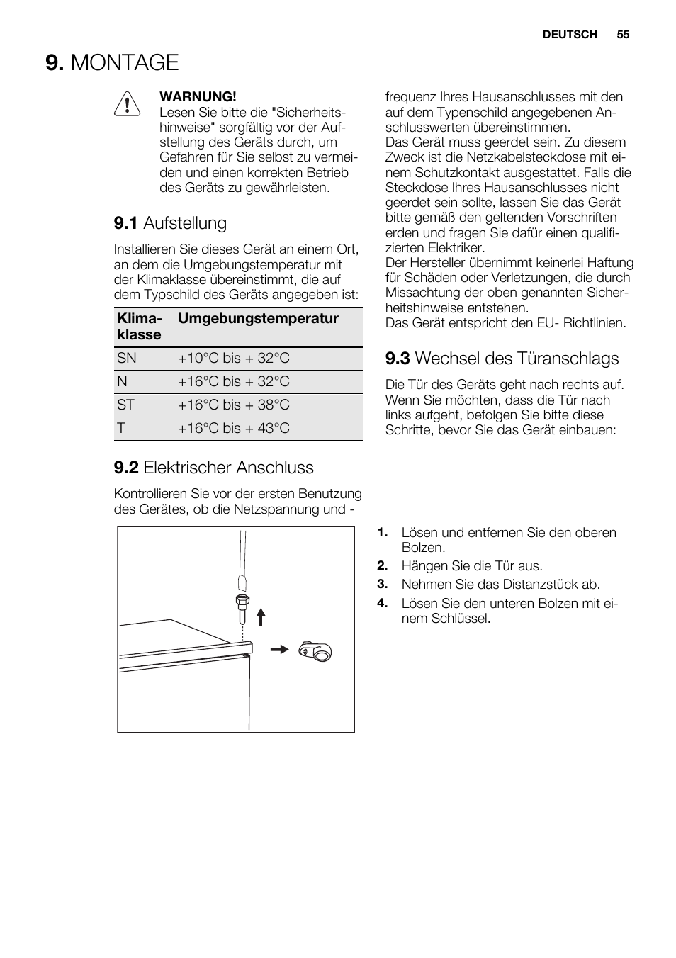 Montage, 1 aufstellung, 2 elektrischer anschluss | 3 wechsel des türanschlags | Electrolux ERN1501AOW User Manual | Page 55 / 72