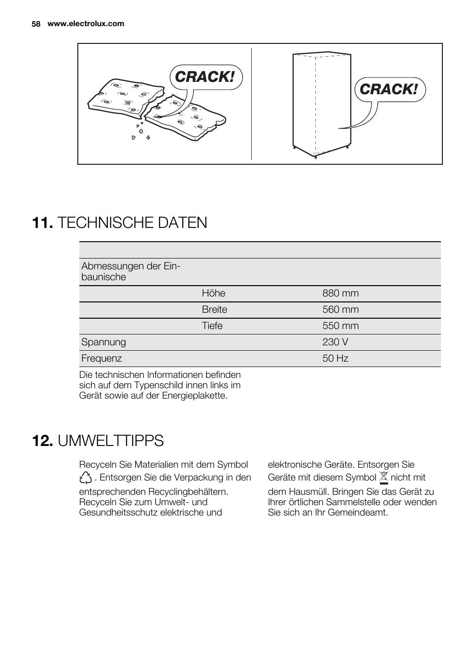 Technische daten, Umwelttipps, Crack | Electrolux ERN1501AOW User Manual | Page 58 / 72