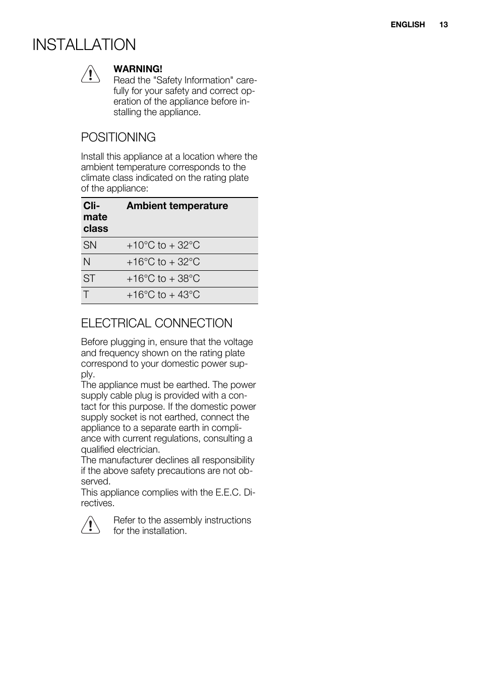 Installation, Positioning, Electrical connection | Electrolux EUN0600AOW User Manual | Page 13 / 68