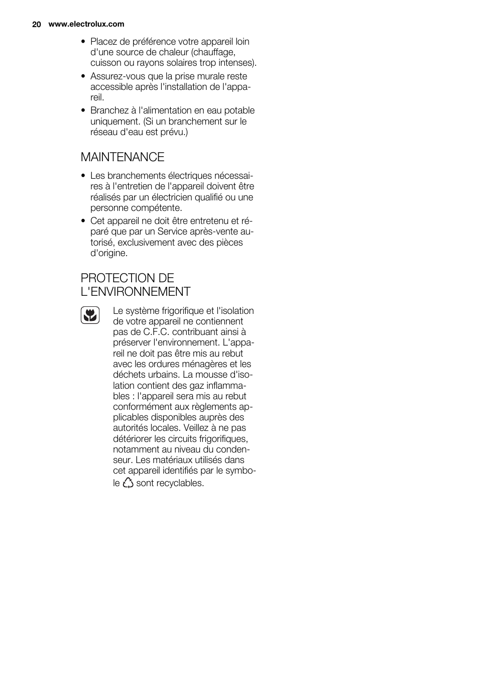 Maintenance, Protection de l'environnement | Electrolux EUN0600AOW User Manual | Page 20 / 68