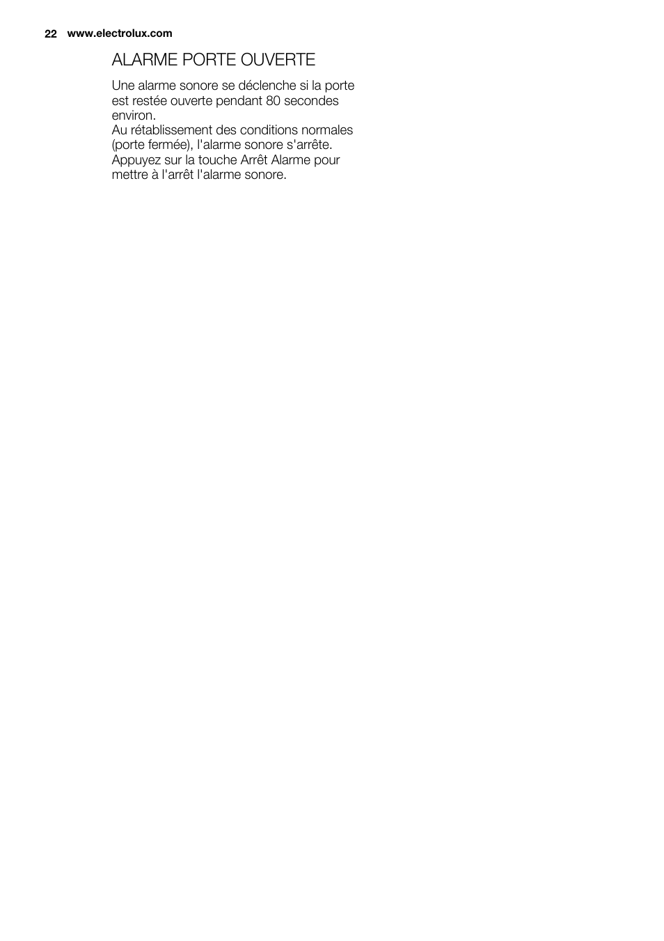 Alarme porte ouverte | Electrolux EUN0600AOW User Manual | Page 22 / 68