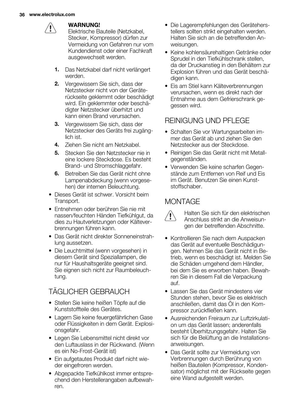 Täglicher gebrauch, Reinigung und pflege, Montage | Electrolux EUN0600AOW User Manual | Page 36 / 68
