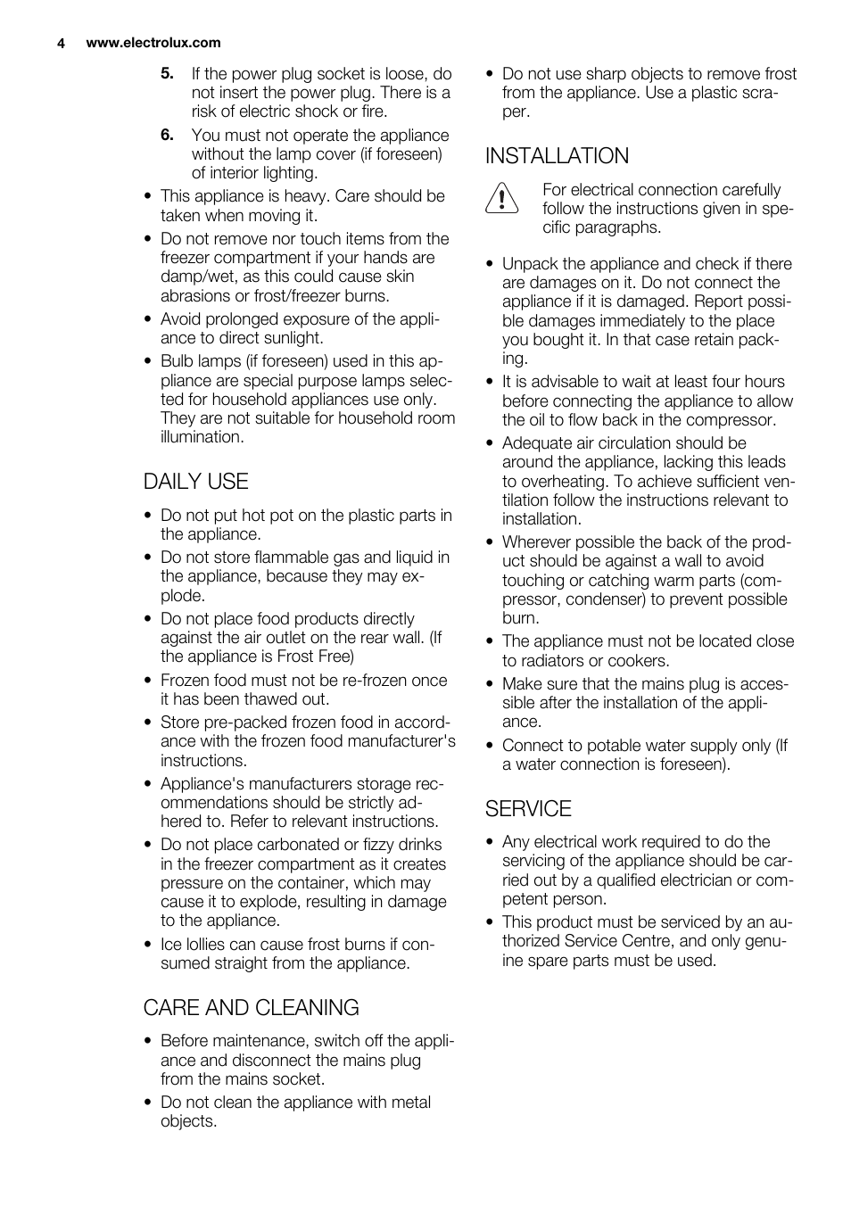 Daily use, Care and cleaning, Installation | Service | Electrolux EUN0600AOW User Manual | Page 4 / 68