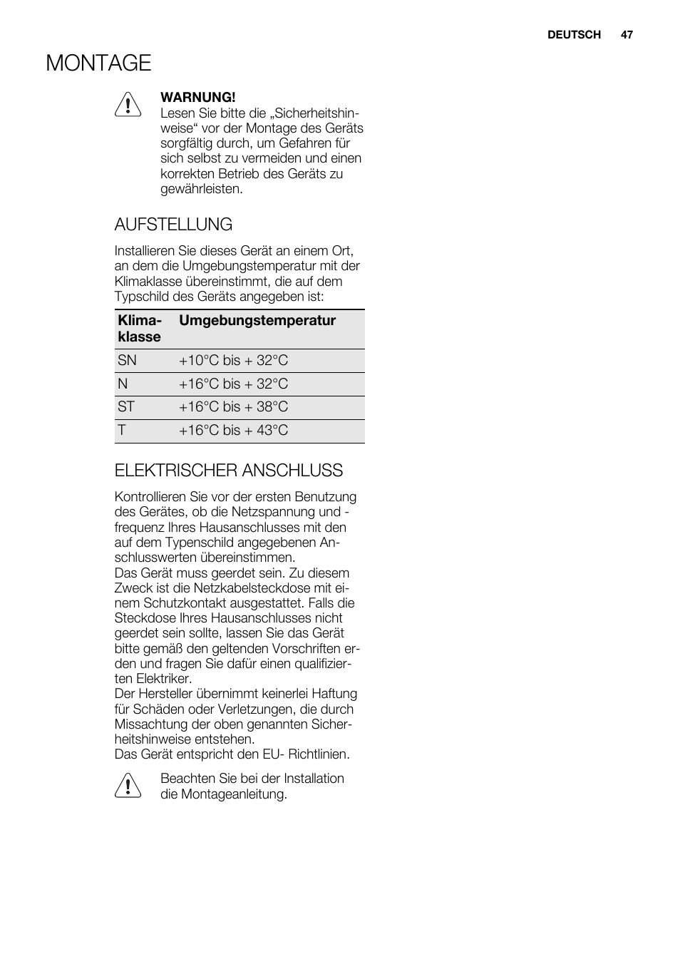 Montage, Aufstellung, Elektrischer anschluss | Electrolux EUN0600AOW User Manual | Page 47 / 68