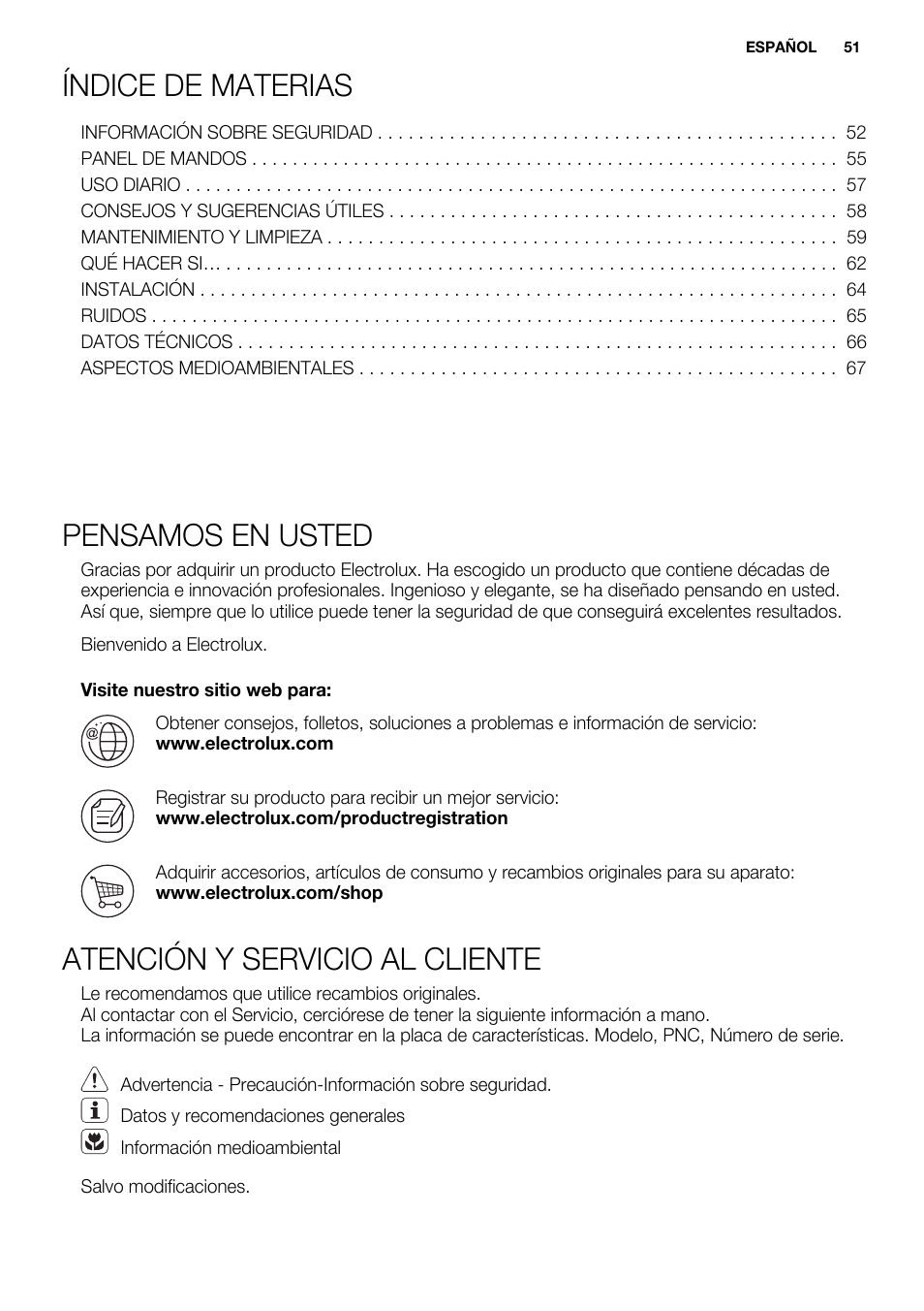 Índice de materias, Pensamos en usted, Atención y servicio al cliente | Electrolux EUN0600AOW User Manual | Page 51 / 68