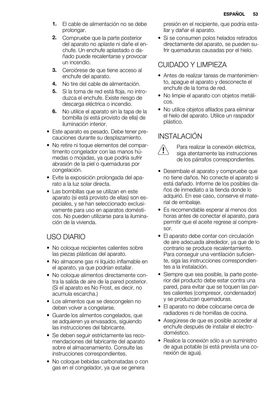 Uso diario, Cuidado y limpieza, Instalación | Electrolux EUN0600AOW User Manual | Page 53 / 68