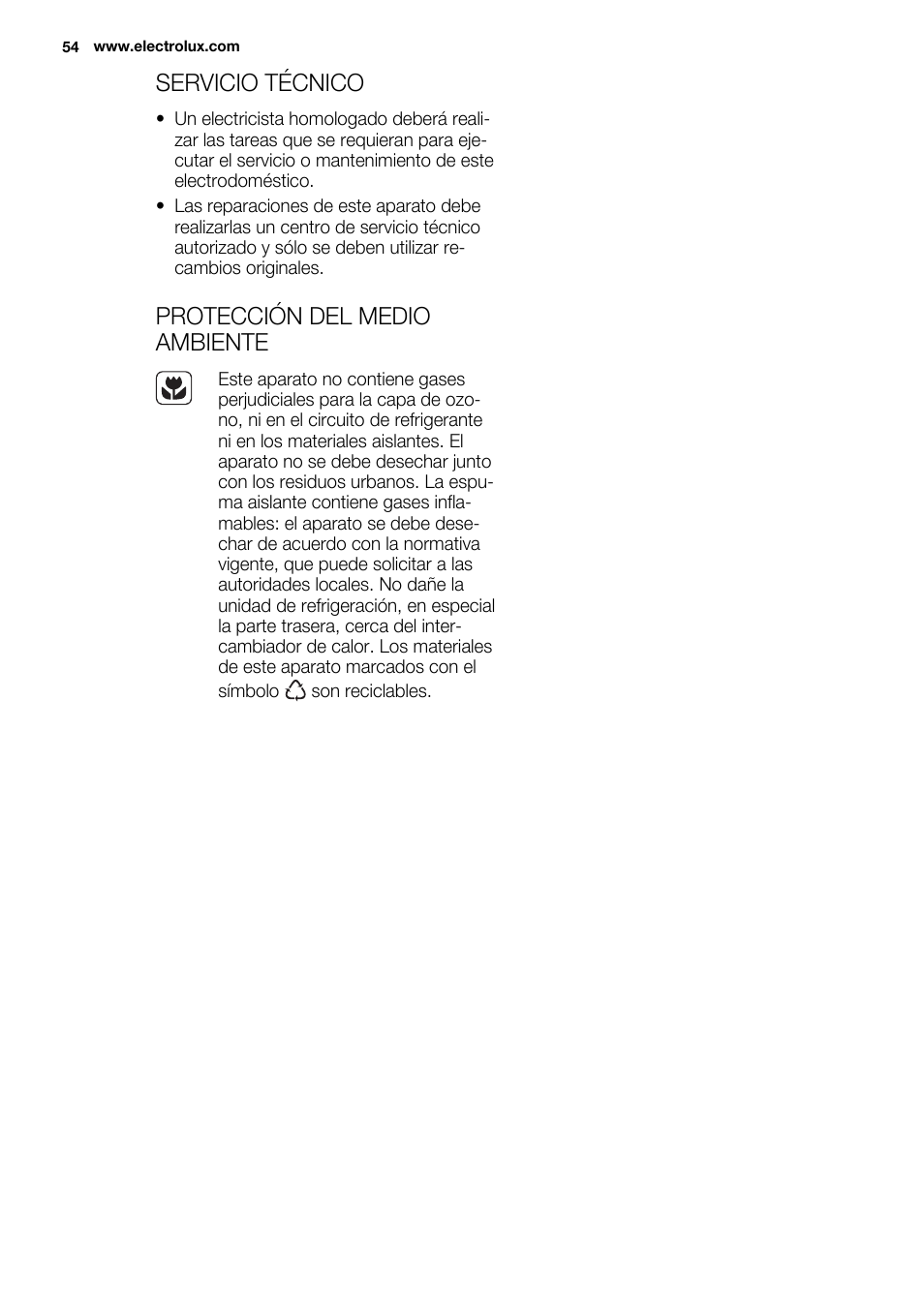 Servicio técnico, Protección del medio ambiente | Electrolux EUN0600AOW User Manual | Page 54 / 68