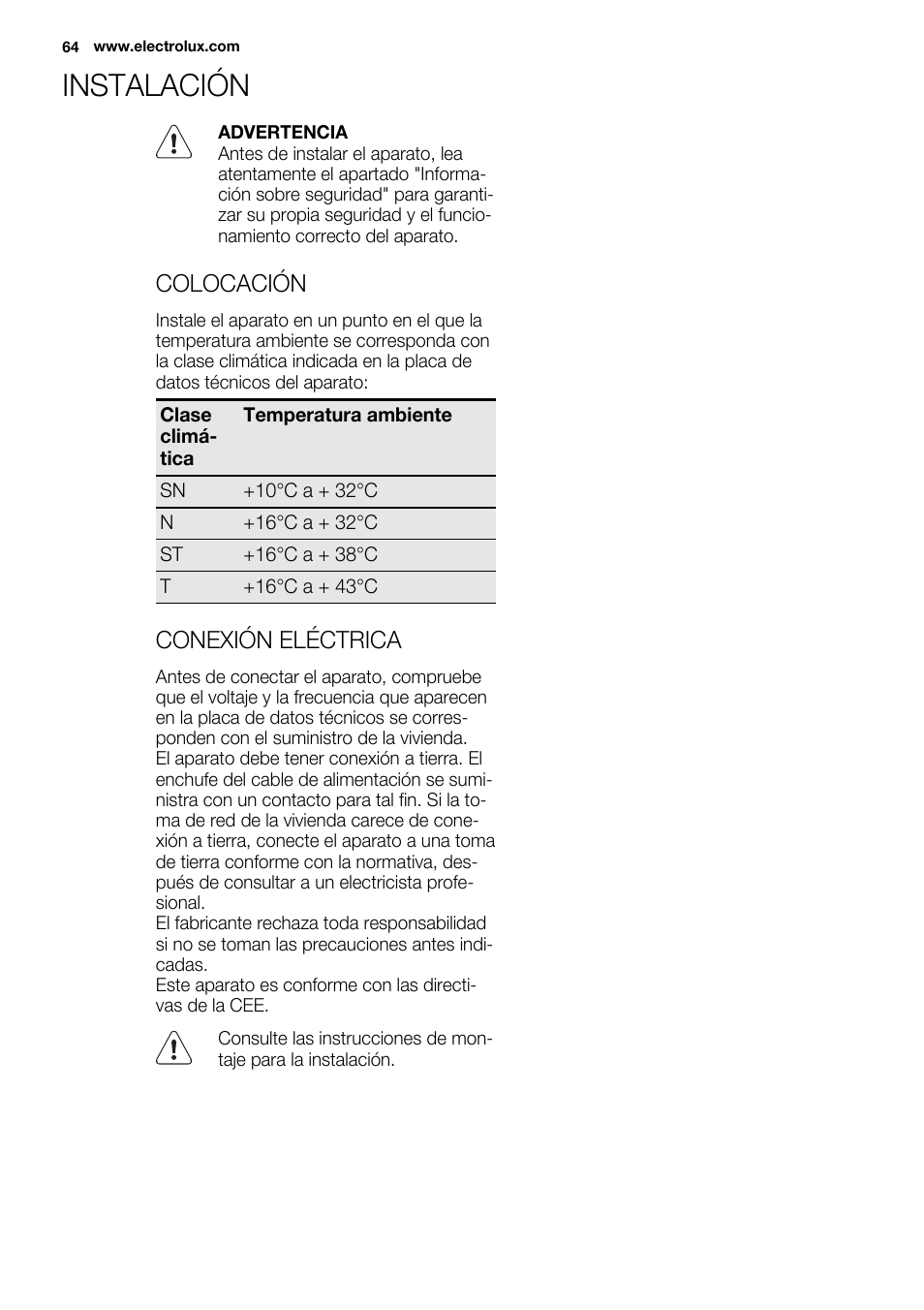 Instalación | Electrolux EUN0600AOW User Manual | Page 64 / 68