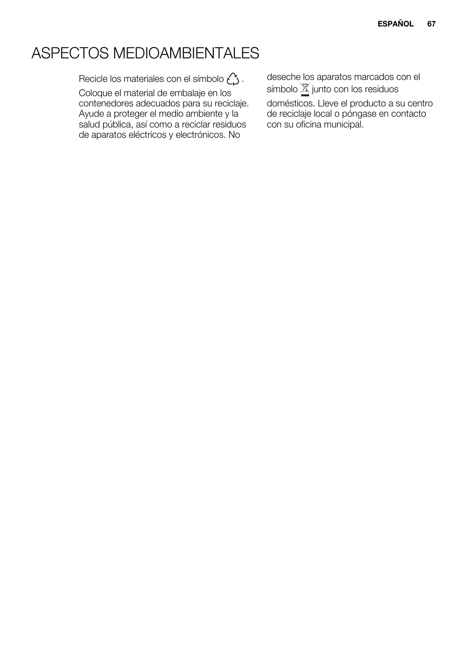 Aspectos medioambientales | Electrolux EUN0600AOW User Manual | Page 67 / 68