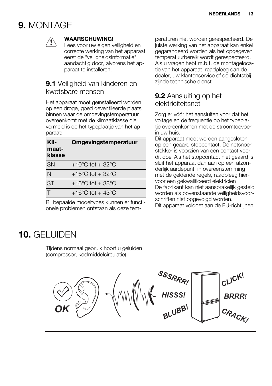 Montage, Geluiden | Electrolux ERN1300FEW User Manual | Page 13 / 64