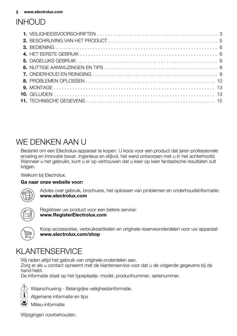 Inhoud, We denken aan u, Klantenservice | Electrolux ERN1300FEW User Manual | Page 2 / 64