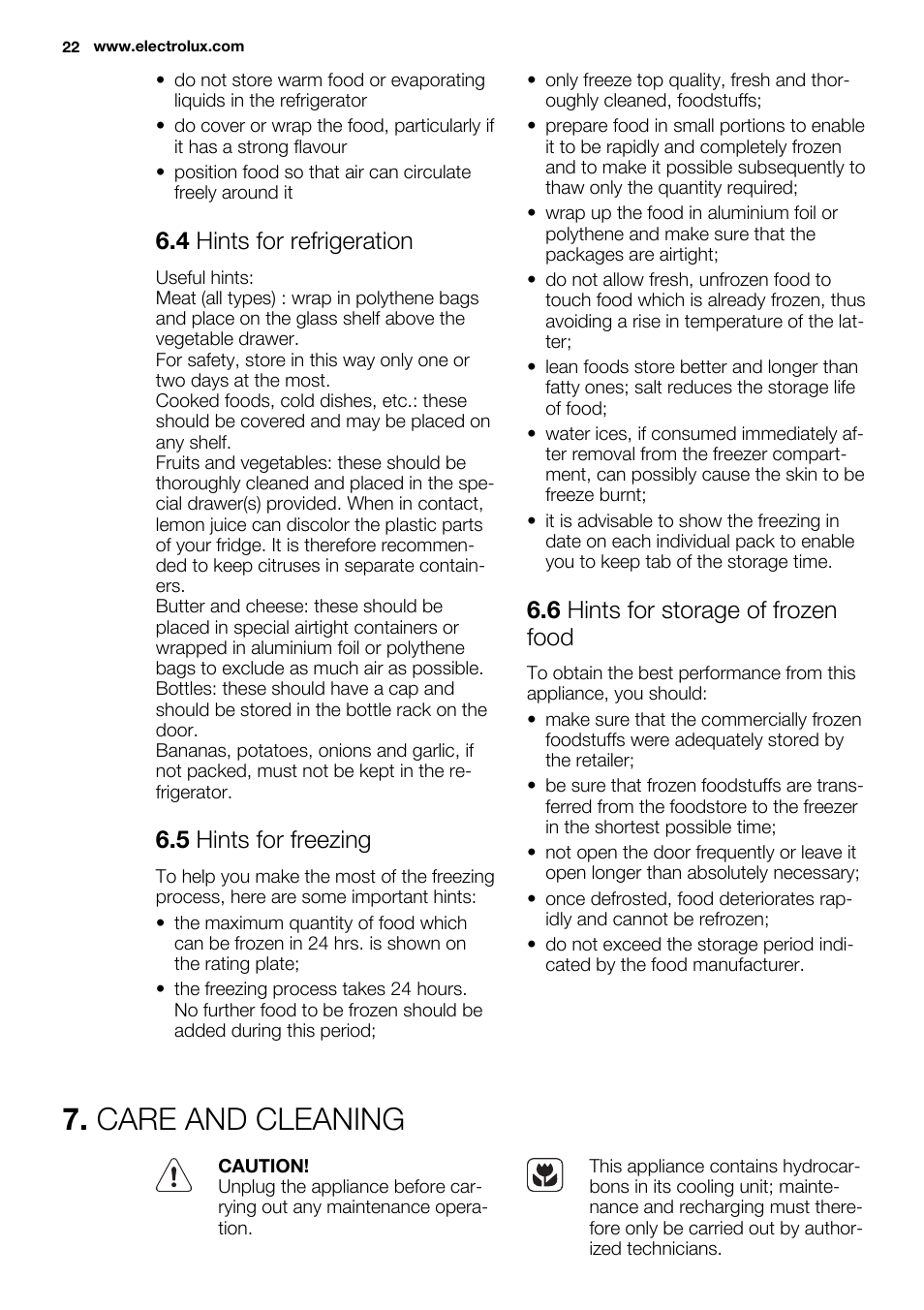 Care and cleaning, 4 hints for refrigeration, 5 hints for freezing | 6 hints for storage of frozen food | Electrolux ERN1300FEW User Manual | Page 22 / 64