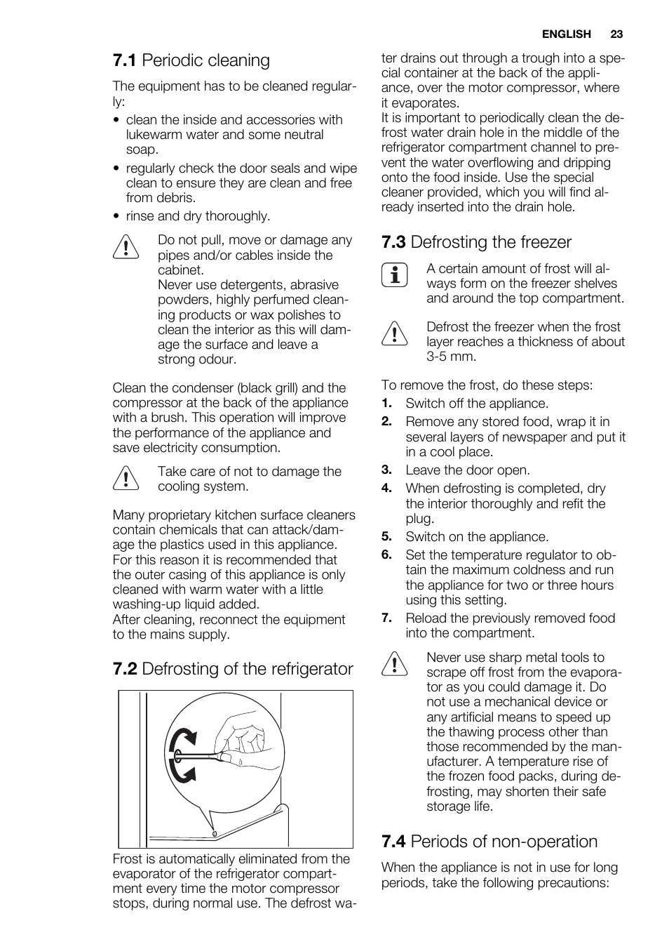 1 periodic cleaning, 2 defrosting of the refrigerator, 3 defrosting the freezer | 4 periods of non-operation | Electrolux ERN1300FEW User Manual | Page 23 / 64