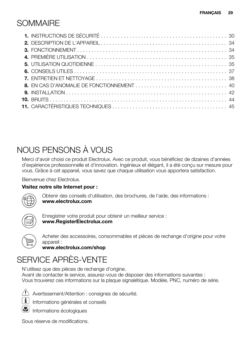 Sommaire, Nous pensons à vous, Service après-vente | Electrolux ERN1300FEW User Manual | Page 29 / 64