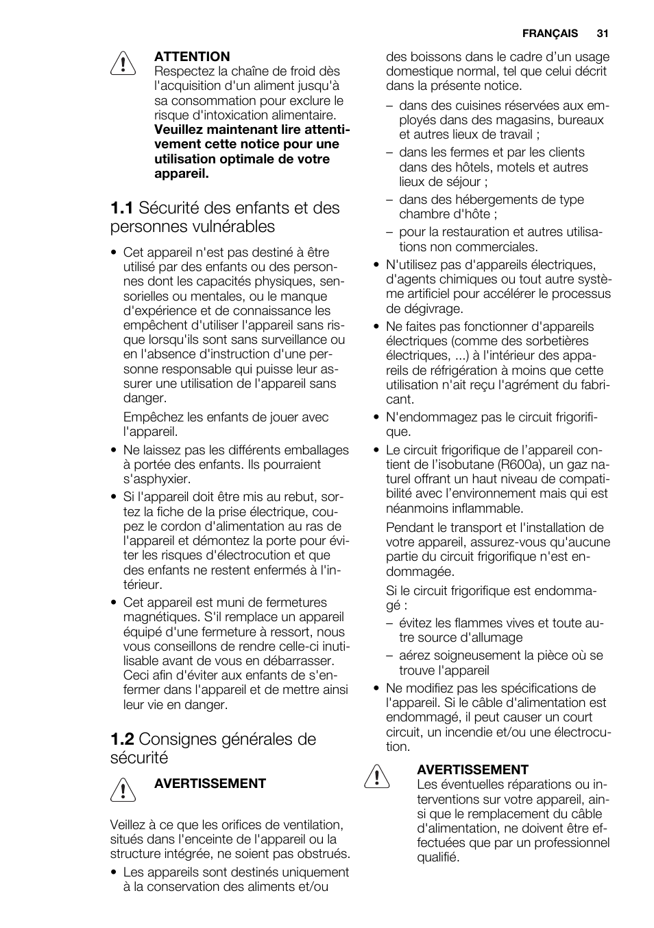 2 consignes générales de sécurité | Electrolux ERN1300FEW User Manual | Page 31 / 64