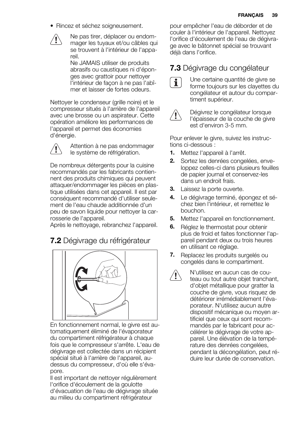 2 dégivrage du réfrigérateur, 3 dégivrage du congélateur | Electrolux ERN1300FEW User Manual | Page 39 / 64