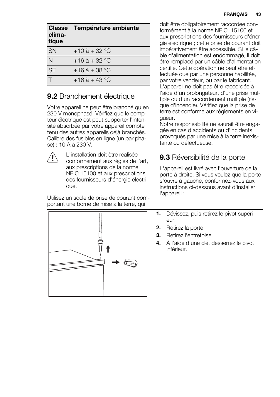 2 branchement électrique, 3 réversibilité de la porte | Electrolux ERN1300FEW User Manual | Page 43 / 64