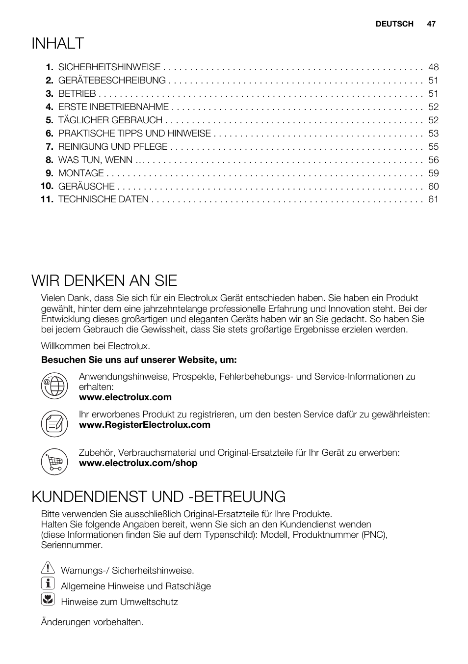 Inhalt, Wir denken an sie, Kundendienst und -betreuung | Electrolux ERN1300FEW User Manual | Page 47 / 64