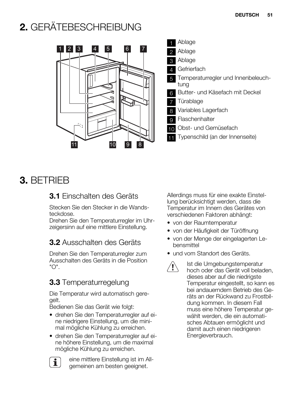 Gerätebeschreibung, Betrieb, 1 einschalten des geräts | 2 ausschalten des geräts, 3 temperaturregelung | Electrolux ERN1300FEW User Manual | Page 51 / 64