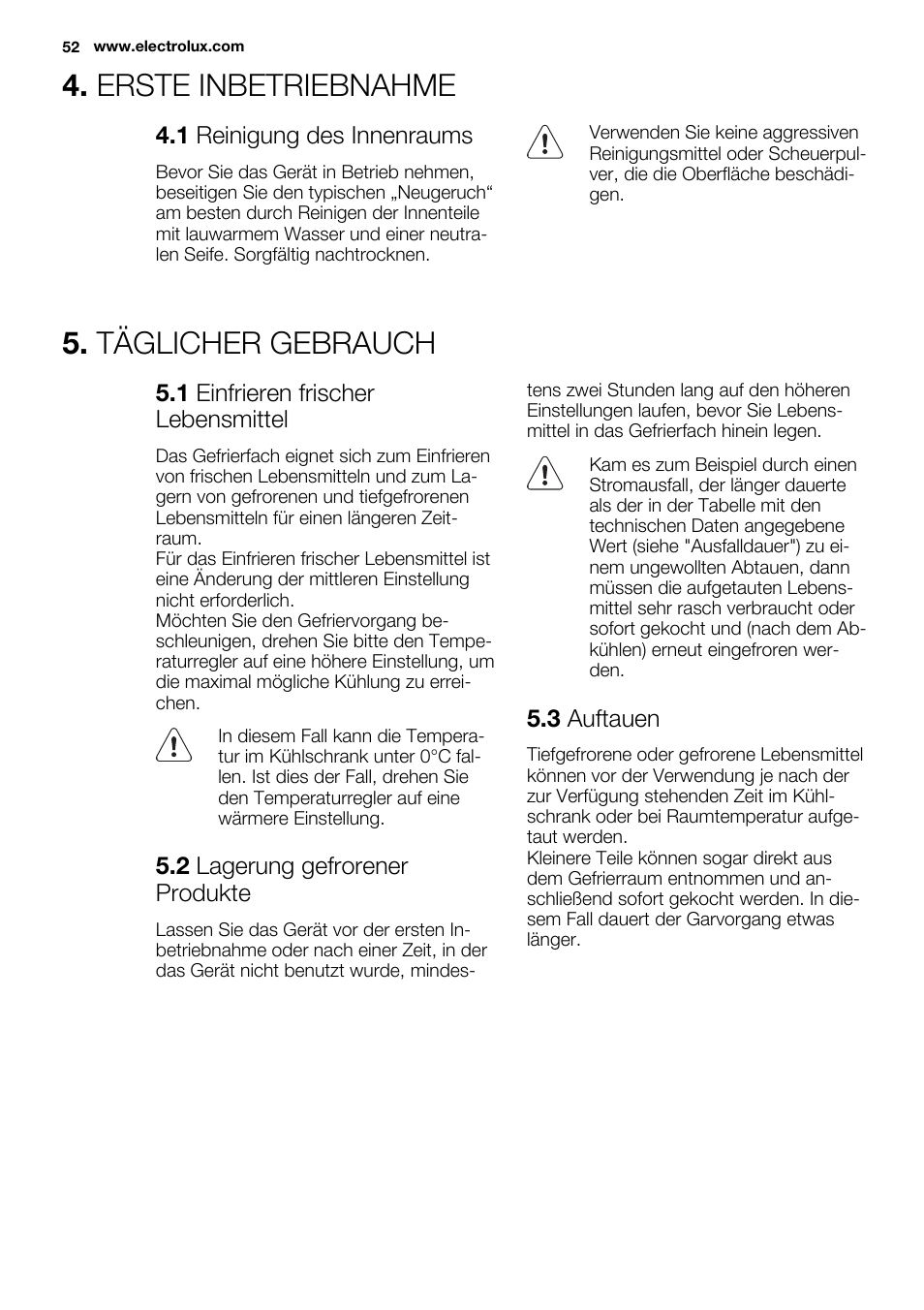 Erste inbetriebnahme, Täglicher gebrauch | Electrolux ERN1300FEW User Manual | Page 52 / 64
