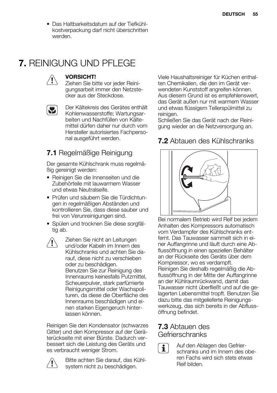 Reinigung und pflege, 1 regelmäßige reinigung, 2 abtauen des kühlschranks | 3 abtauen des gefrierschranks | Electrolux ERN1300FEW User Manual | Page 55 / 64