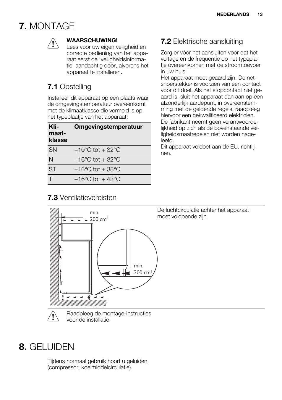 Montage, Geluiden, 1 opstelling | 2 elektrische aansluiting, 3 ventilatievereisten | Electrolux ERN2214FOW User Manual | Page 13 / 60