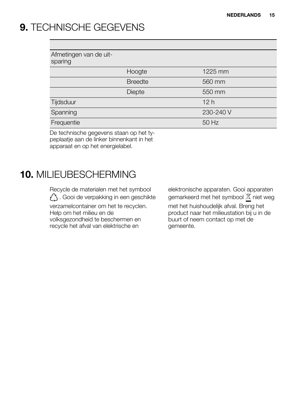 Technische gegevens, Milieubescherming | Electrolux ERN2214FOW User Manual | Page 15 / 60