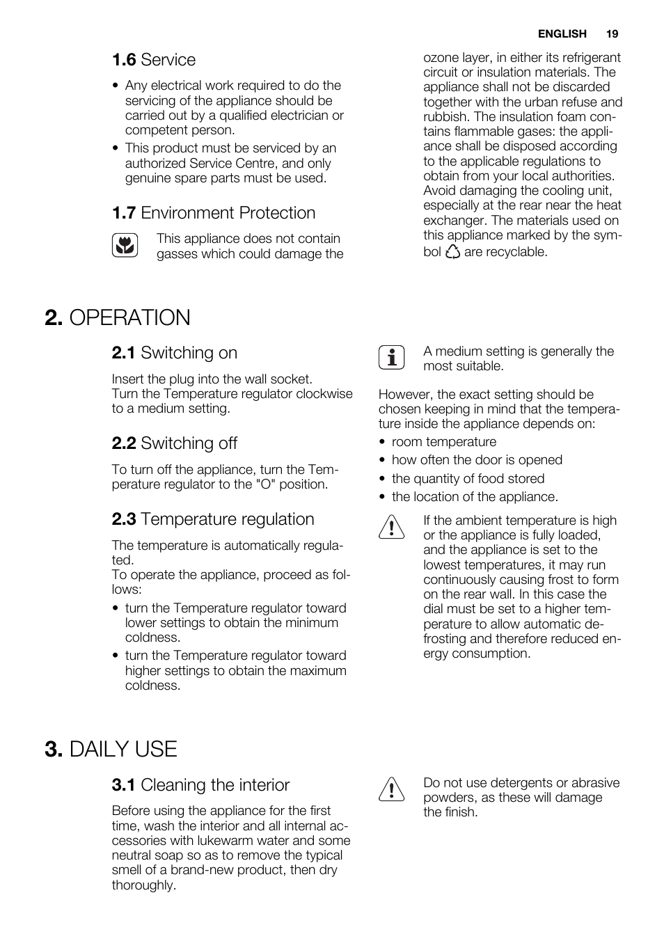 Operation, Daily use | Electrolux ERN2214FOW User Manual | Page 19 / 60