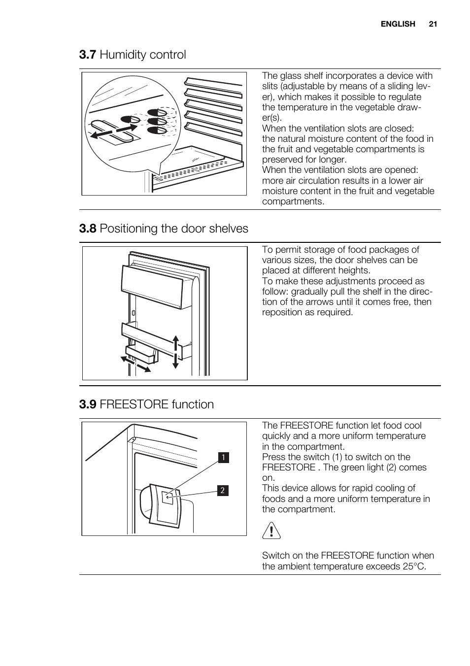 7 humidity control, 8 positioning the door shelves, 9 freestore function | Electrolux ERN2214FOW User Manual | Page 21 / 60