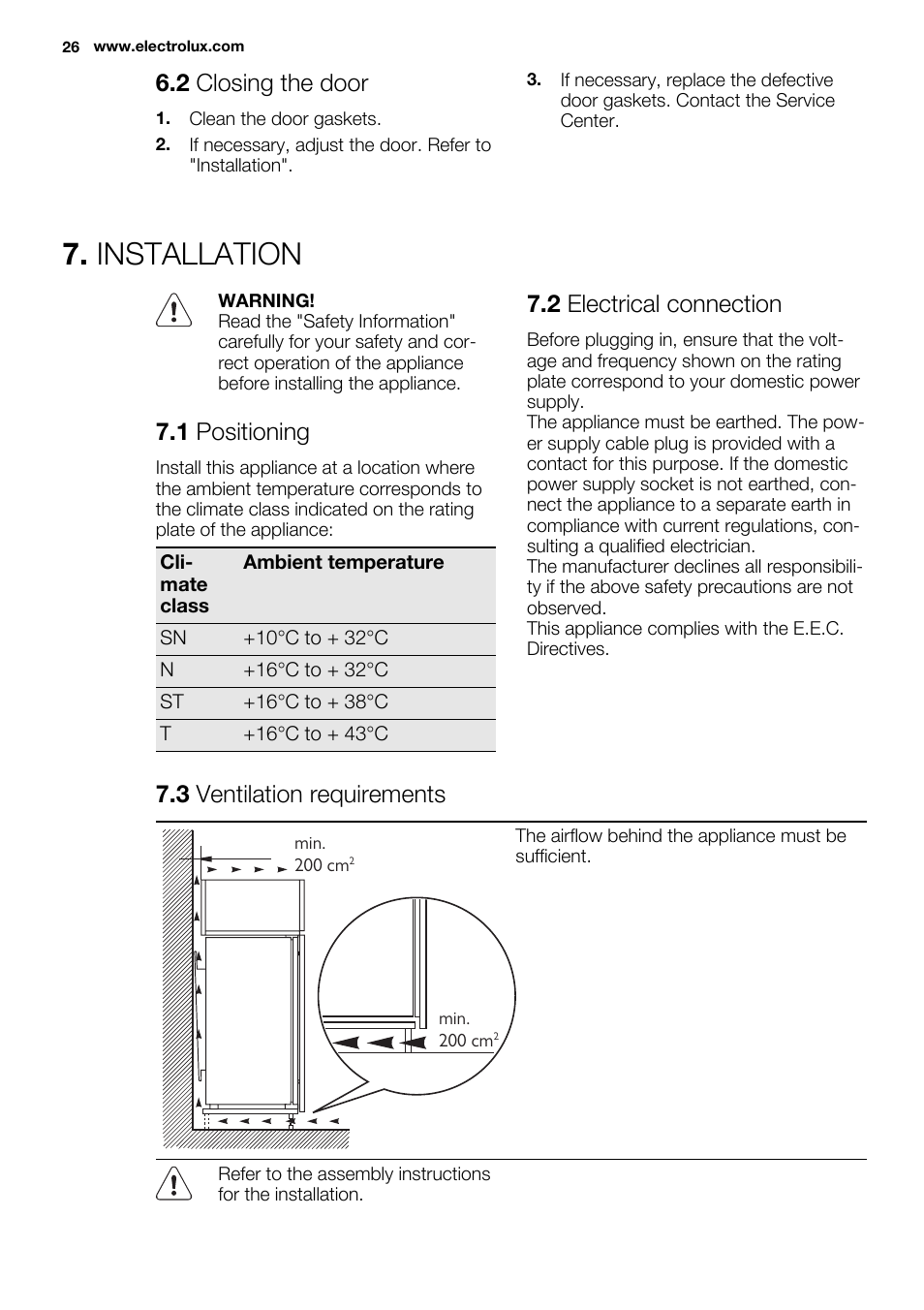 Installation, 2 closing the door, 1 positioning | 2 electrical connection, 3 ventilation requirements | Electrolux ERN2214FOW User Manual | Page 26 / 60