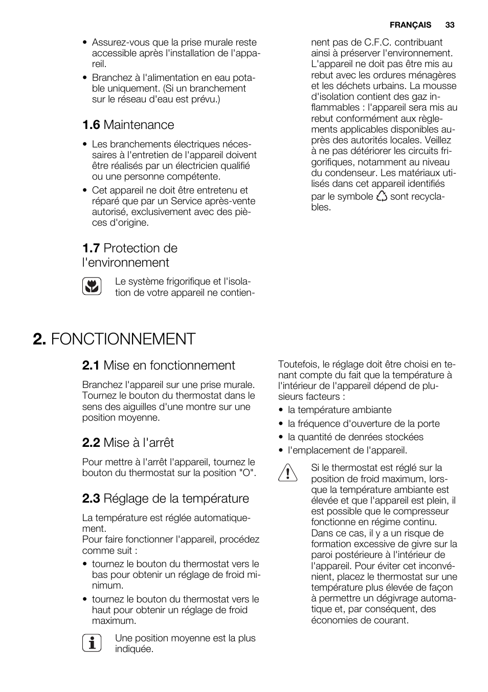 Fonctionnement, 6 maintenance, 7 protection de l'environnement | 1 mise en fonctionnement, 2 mise à l'arrêt, 3 réglage de la température | Electrolux ERN2214FOW User Manual | Page 33 / 60