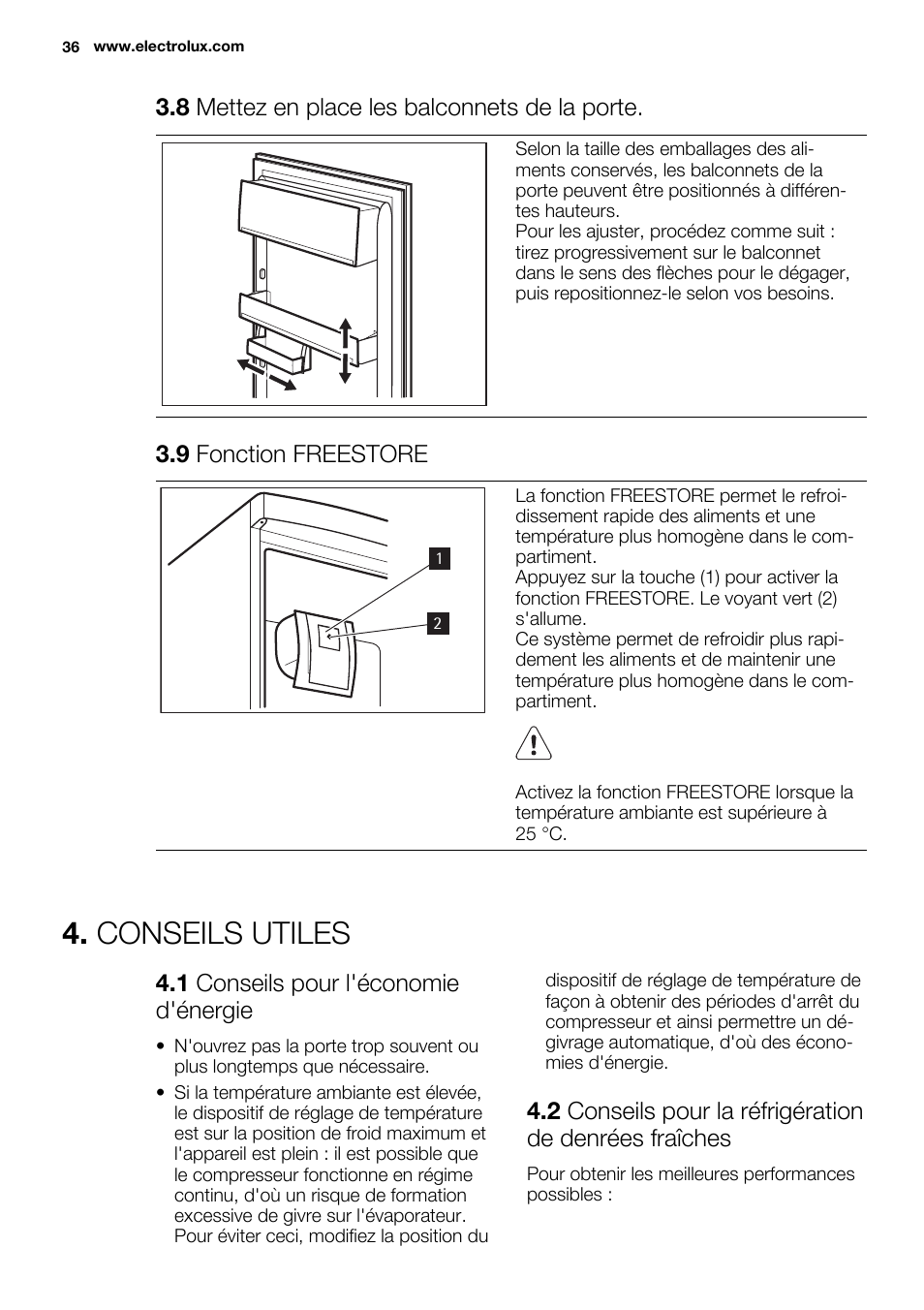 Conseils utiles, 8 mettez en place les balconnets de la porte, 9 fonction freestore | 1 conseils pour l'économie d'énergie | Electrolux ERN2214FOW User Manual | Page 36 / 60