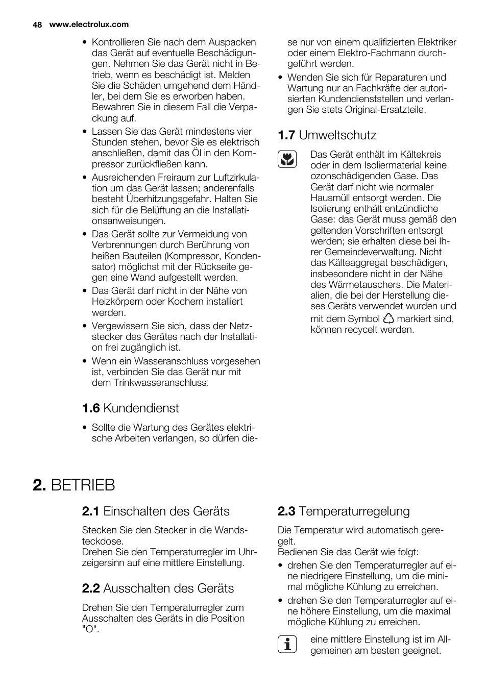 Betrieb, 6 kundendienst, 7 umweltschutz | 1 einschalten des geräts, 2 ausschalten des geräts, 3 temperaturregelung | Electrolux ERN2214FOW User Manual | Page 48 / 60