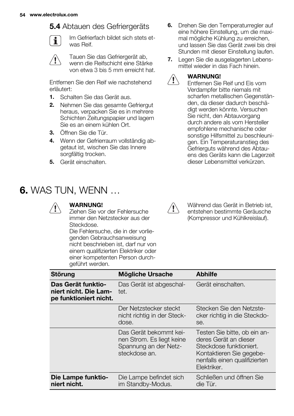 Was tun, wenn, 4 abtauen des gefriergeräts | Electrolux ERN2214FOW User Manual | Page 54 / 60