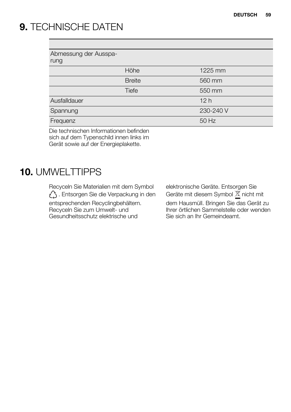Technische daten, Umwelttipps | Electrolux ERN2214FOW User Manual | Page 59 / 60