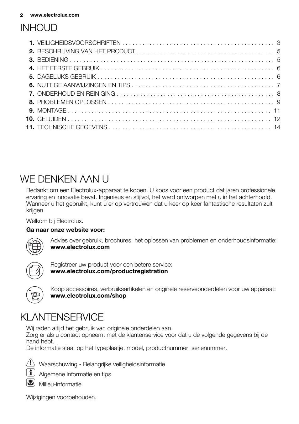 Inhoud, We denken aan u, Klantenservice | Electrolux ERN1504AOW User Manual | Page 2 / 60