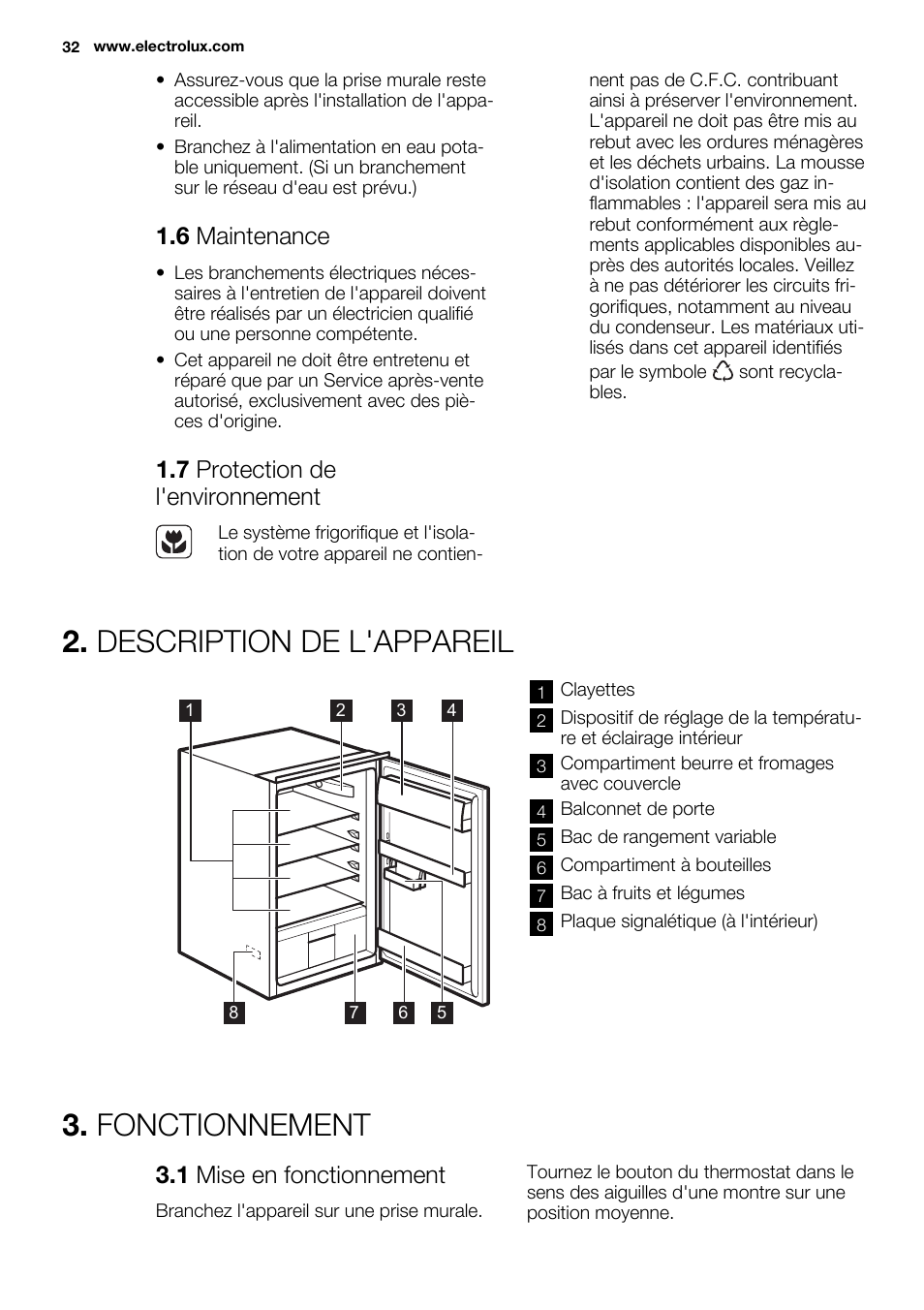 Description de l'appareil, Fonctionnement, 6 maintenance | 7 protection de l'environnement, 1 mise en fonctionnement | Electrolux ERN1504AOW User Manual | Page 32 / 60