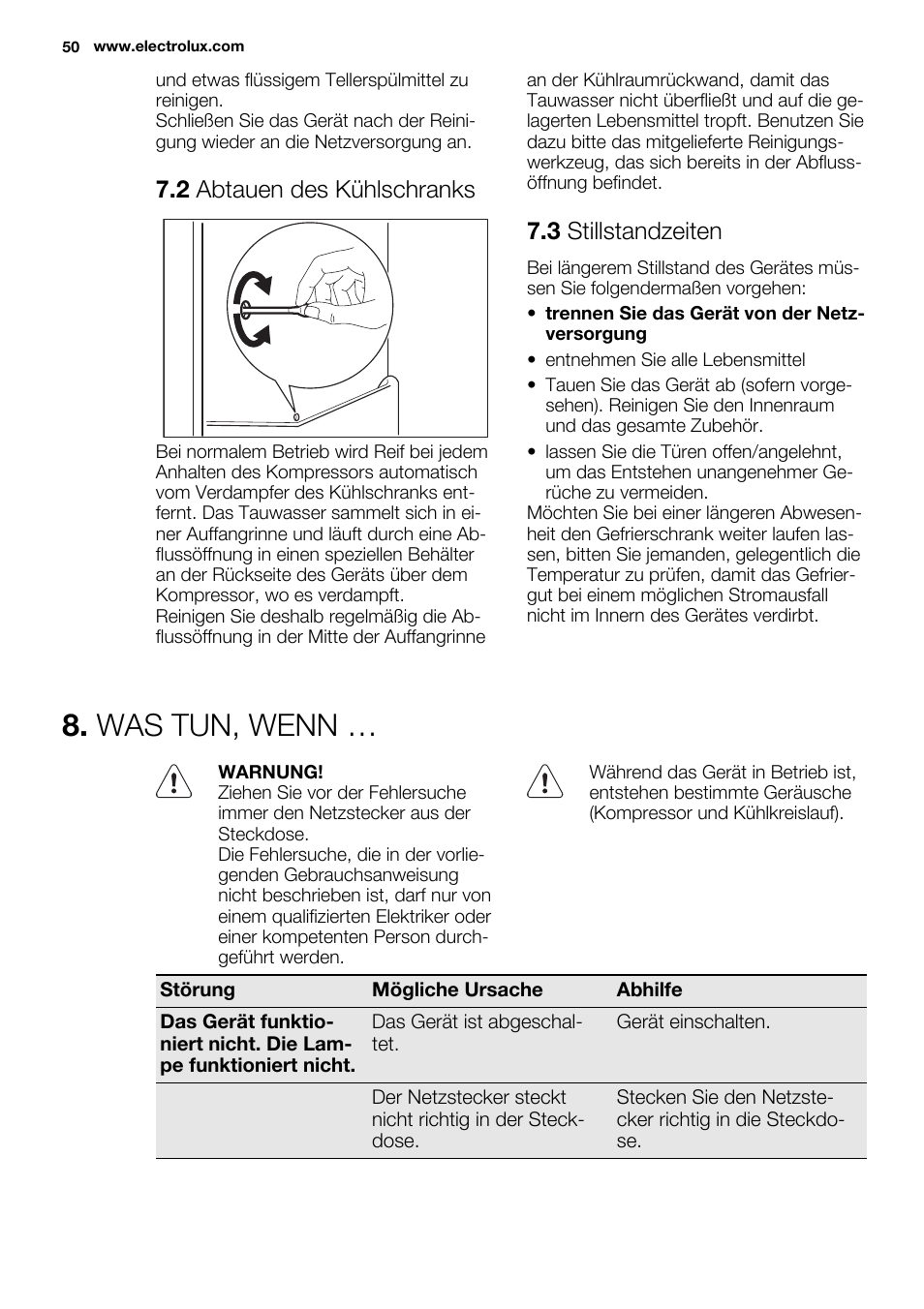 Was tun, wenn, 2 abtauen des kühlschranks, 3 stillstandzeiten | Electrolux ERN1504AOW User Manual | Page 50 / 60