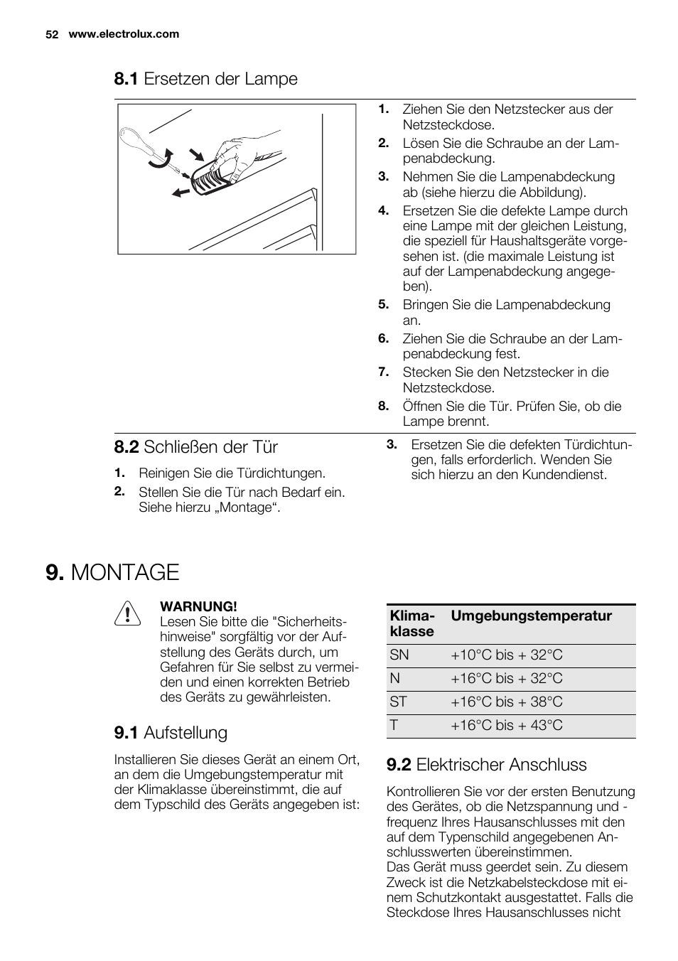 Montage, 1 ersetzen der lampe, 2 schließen der tür | 1 aufstellung, 2 elektrischer anschluss | Electrolux ERN1504AOW User Manual | Page 52 / 60