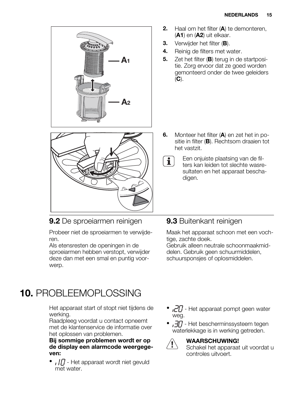 Probleemoplossing, 2 de sproeiarmen reinigen, 3 buitenkant reinigen | Electrolux ESL6391RA User Manual | Page 15 / 72