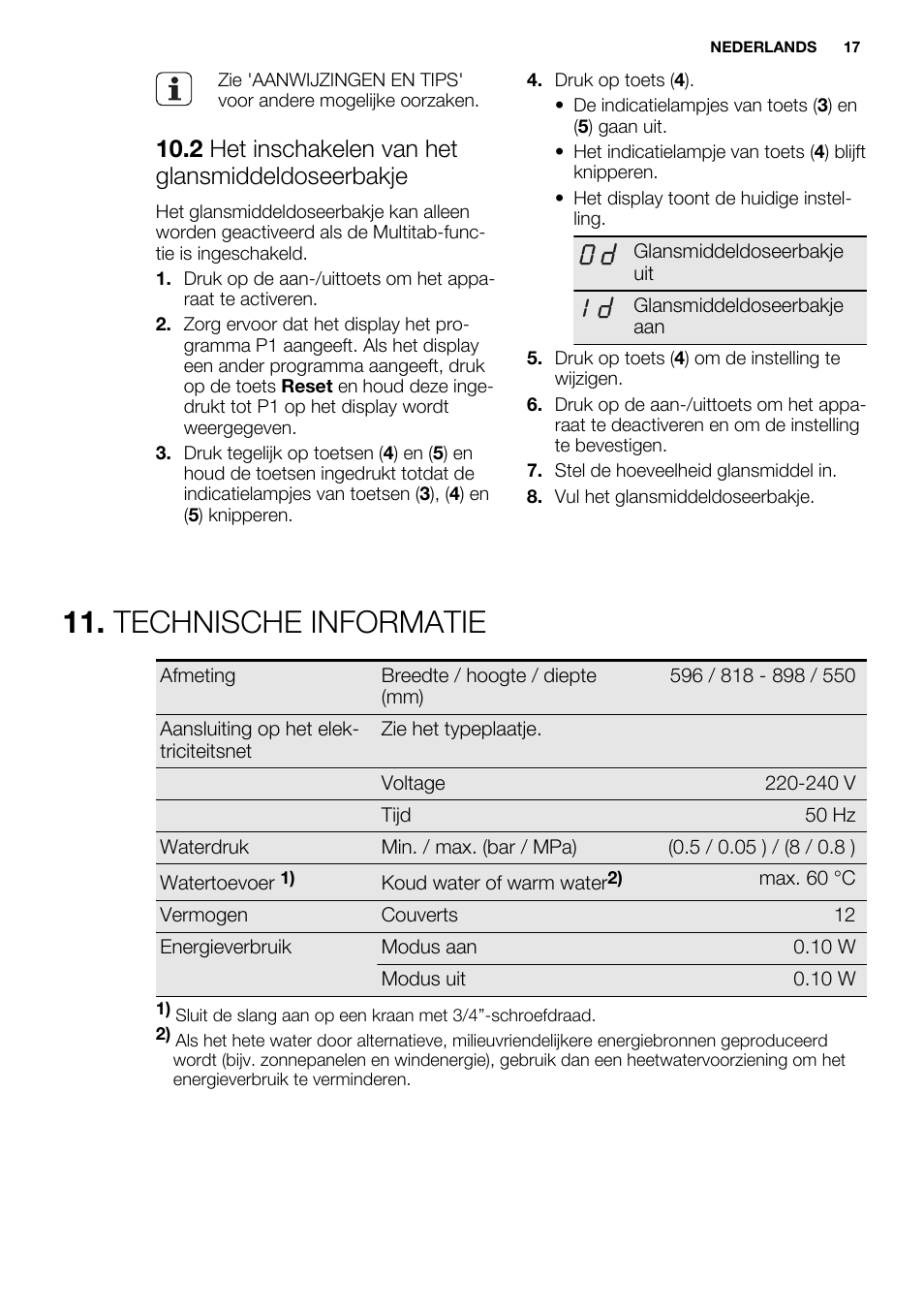 Technische informatie, 2 het inschakelen van het glansmiddeldoseerbakje | Electrolux ESL6391RA User Manual | Page 17 / 72