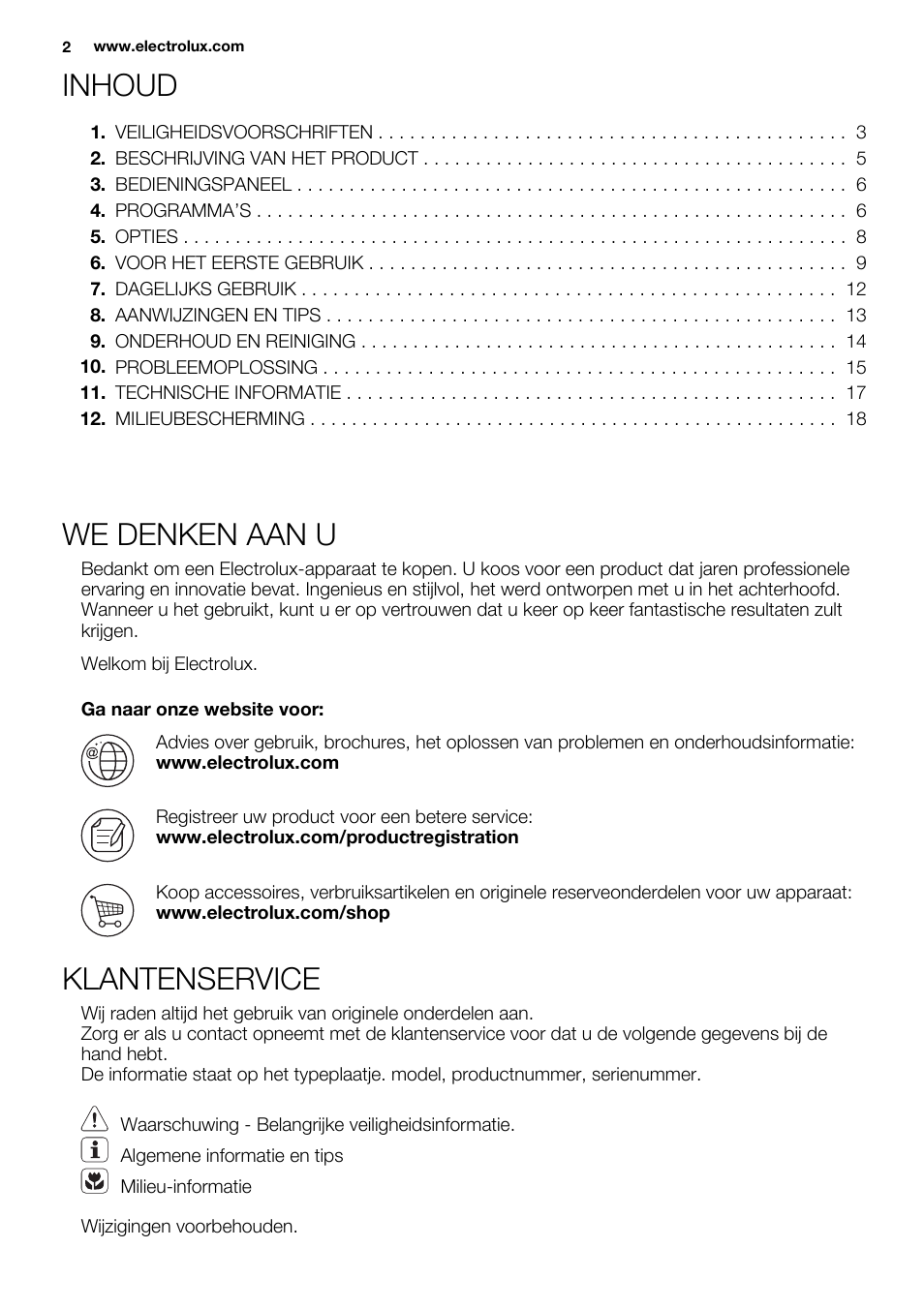 Inhoud, We denken aan u, Klantenservice | Electrolux ESL6391RA User Manual | Page 2 / 72